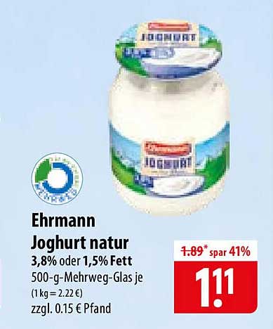 Ehrmann Joghurt natur 3,8% oder 1,5% Fett 500-g-Mehrweg-Glas je