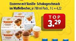 Eiscreme mit Vanille- Schokogeschmack im Waffelbecher, je 780 ml Pack, 1 L = 4.22
