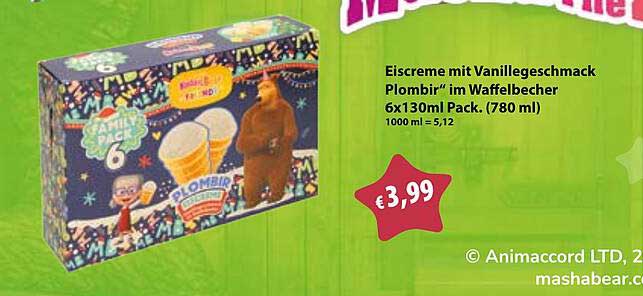 Eiscreme mit Vanillegeschmack "Plombir" im Waffelbecher 6x130ml Pack. (780 ml)
