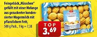 Feingebäck, "Nüsschen" gefüllt mit einer Melange aus gezuckerter kondensierter Magermilch mit pflanzlichem Fett, 500 g Pack.