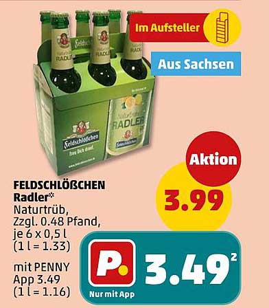 FELDSCHLÖßCHEN Radler Naturtrüb, Zzgl. 0.48 Pfand, je 6 x 0,5 l (1 l = 1.33) mit PENNY App