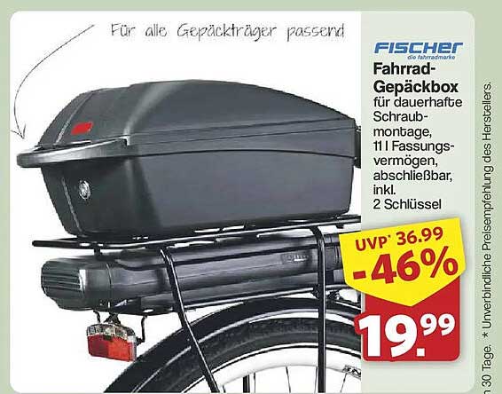FISCHER Fahrrad-Gepäckbox für dauerhafte Schraubmontage, 11 l Fassungsvermögen, abschließbar, inkl. 2 Schlüssel