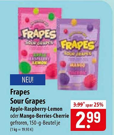 Frapes Sour Grapes Apple-Raspberry-Lemon oder Mango-Berries-Cherrie gefroren, 150-g-Beutel je