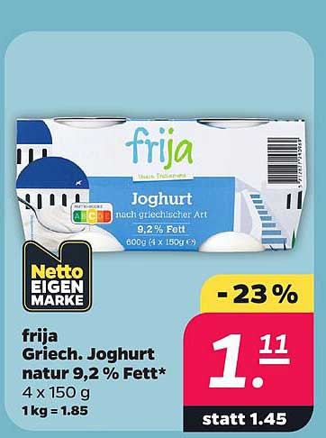 frija Griech. Joghurt natur 9,2 % Fett* 4 x 150 g