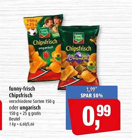 funny-frisch Chipsfrisch verschiedene Sorten 150 g oder ungarisch 150 g + 25 g gratis Beutel 1 kg = 6,60/5,66