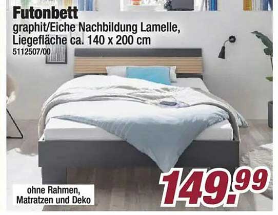 Futonbett graphit/Eiche Nachbildung Lamelle, Liegefläche ca. 140 x 200 cm