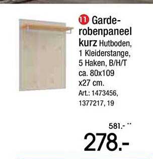 Garderobenpaneel kurz Hubboden, 1 Kleiderstange, 5 Haken, B/H/T ca. 80x109 x27 cm.