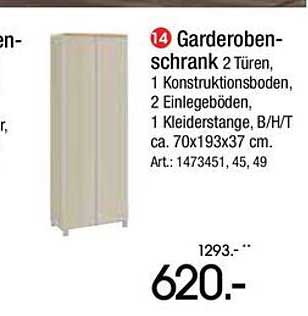 Garderobenschrank 2 Türen, 1 Konstruktionsboden, 2 Einlegeböden, 1 Kleiderstange, B/H/T ca. 70x193x37 cm. Art.: 1473451, 45, 49