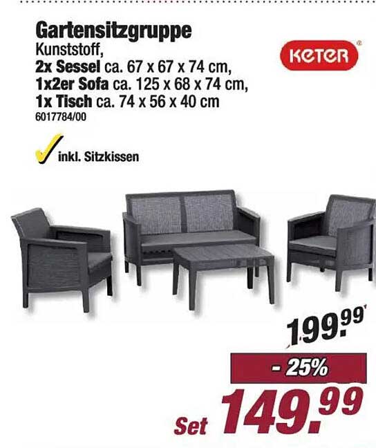 Gartensitzgruppe Kunststoff, 2x Sessel ca. 67 x 67 x 74 cm, 1x2er Sofa ca. 125 x 68 x 74 cm, 1x Tisch ca. 74 x 56 x 40 cm