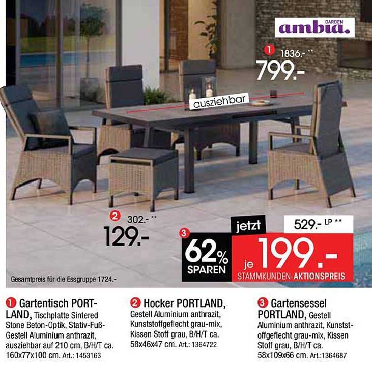 Gartentisch PORT-LAND, Tischplatte Sintered Stone Beton-Optik, Stativ-Fuß-Gestell Aluminium anthrazit, ausziehbar auf 210 cm