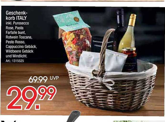 Geschenk-korb ITALY inkl. Prosecco Rose, Pasta Farfalle bunt, Rotwein Toscana, Pesto Rosso, Cappuccino Gebäck, Wildbeere Gebäck und Windlicht. Art.: 1315525