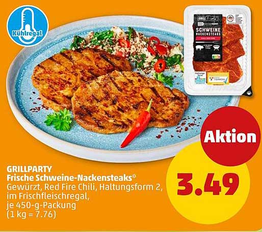 GRILLPARTY Frische Schweine-Nackensteaks* Gewürzt, Red Fire Chili, Haltungsform 2, im Frischfleischregal, je 450-g-Packung (1 kg = 7.76)