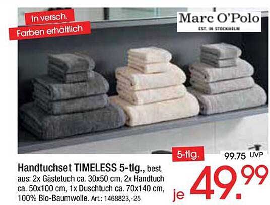 Handtuchset TIMELESS 5-tlg., best. aus: 2x Gästetuch ca. 30x50 cm, 2x Handtuch ca. 50x100 cm, 1x Duschtuch ca. 70x140 cm, 100% Bio-Baumwolle. Art.: 1468823-25