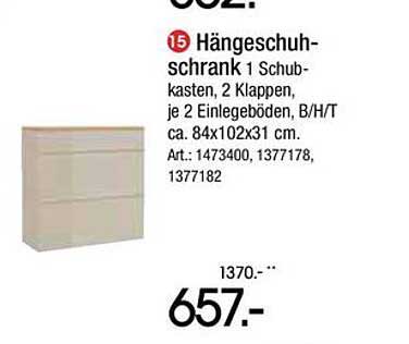 Hängeschuhschrank 1 Schubkasten, 2 Klappen, je 2 Einlegeböden, B/H/T ca. 84x102x31 cm, Art.: 1473400, 1377178, 1377182