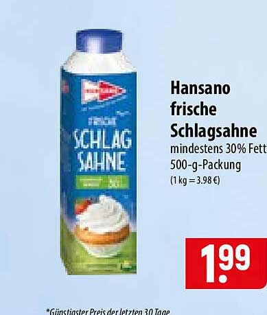 Hansano frische Schlagsahne mindestens 30% Fett 500-g-Packung