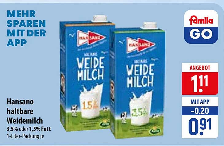 Hansano haltbare Weidemilch 3,5% oder 1,5% Fett 1-Liter-Packung je