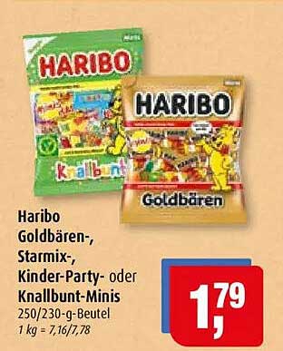 Haribo Goldbären-, Starmix-, Kinder-Party- oder Knallbunt-Minies 250/230-g-Beutel 1 kg = 7,16/7,78