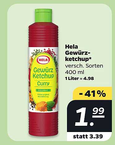 Hela Gewürz-ketchup* versch. Sorten 400 ml 1.Liter = 4.98