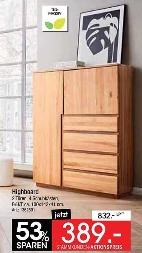 Highboard 2 Türen, 4 Schubkästen, B/H/T ca. 100x143x41 cm. Art.: 1362891
