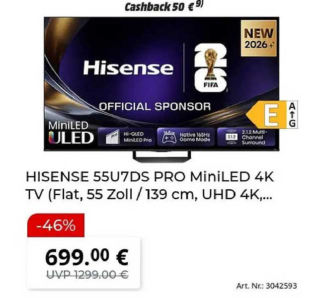 HISENSE 55U7DS PRO MiniLED 4K TV (Flat, 55 Zoll / 139 cm, UHD 4K,...