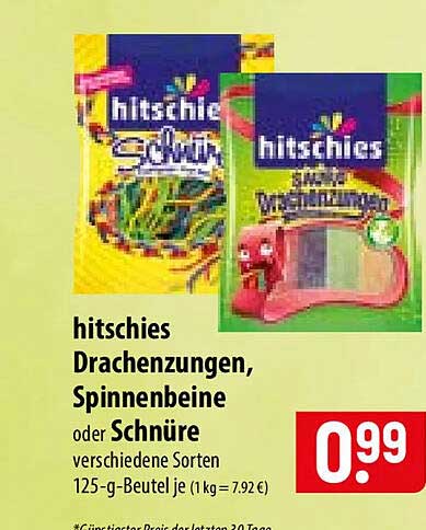 hitschies Drachenzungen, Spinnenbeine oder Schnüre verschiedene Sorten 125-g-Beutel je (1kg = 7,92 €)