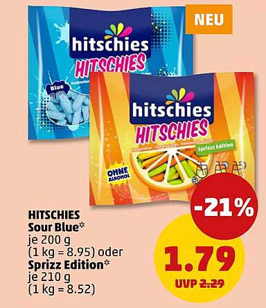 HITSCHIES Sour Blue* je 200 g (1 kg = 8.95) oder Sprizz Edition* je 210 g (1 kg = 8.52)