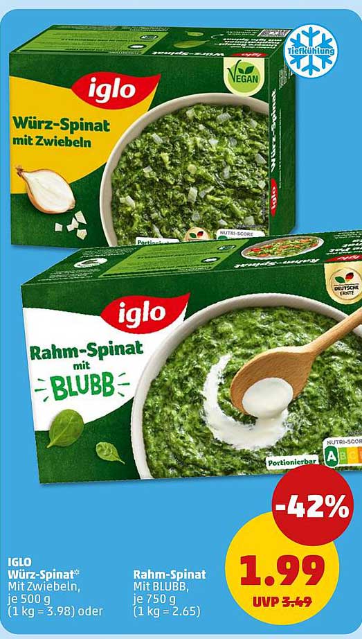 IGLO Würz-Spinat Mit Zwiebeln, je 500 g (1 kg = 3.98) oder Rahm-Spinat Mit BLUBB, je 750 g (1 kg = 2.65)