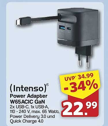 Intenso Power Adapter W65ACIC GaN 2x USB-C, 1x USB-A, 110 - 240 V, max. 65 Watt, Power Delivery 3.0 und Quick Charge 4.0