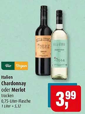 Italien Chardonnay oder Merlot trocken 0,75-Liter-Flasche 1 Liter = 5,32