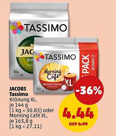 JACOBS Tassimo Krönung XL, je 144 g (1 kg = 30.83) oder Morning Café XL, je 163,8 g (1 kg = 27.11)