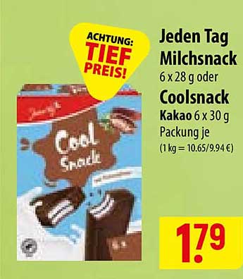 Jeden Tag Milchsnack 6 x 28 g oder Coolsnack Kakao 6 x 30 g Packung je