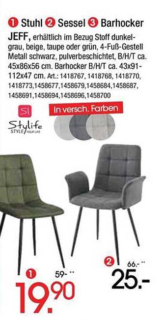 Jeff, erhältlich im Bezug Stoff dunkel-grau, beige, taupe oder grün, 4-Fuß-Gestell Metall schwarz, pulverbeschichtet, B/H/T ca. 45x86x56 cm. Barhocker B/H/T ca. 43x91-112x47 cm. Art.: 1418767, 1418768, 1418770, 1418773, 1458677, 1458679, 1458684, 1458688,