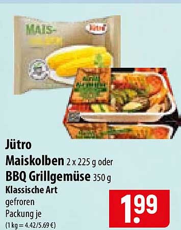 Jütro Maiskolben 2 x 225 g oder BBQ Grillgemüse 350 g Klassische Art gefroren Packung je
