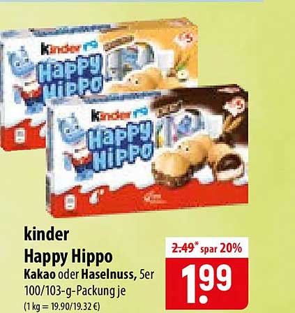 kinder Happy Hippo Kakao oder Haselnuss, 5er 100/103-g-Packung je