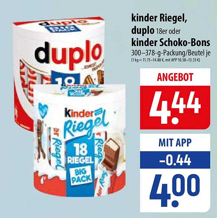 kinder Riegel, duplo 18er oder kinder Schoko-Bons 300–378-g-Packung/Beutel je