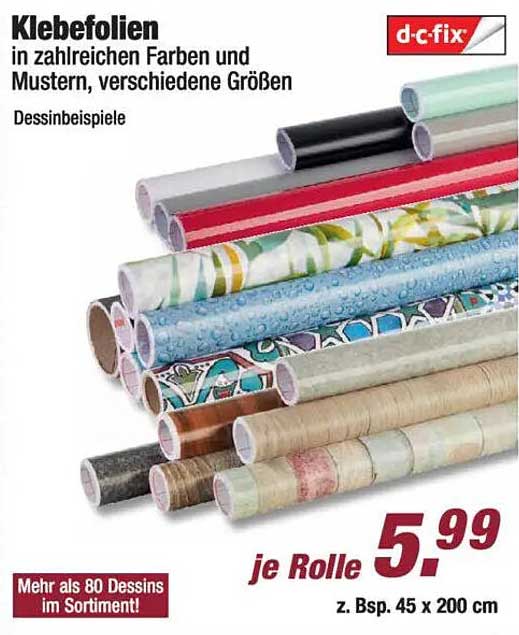 Klebefolien in zahlreichen Farben und Mustern, verschiedene Größen