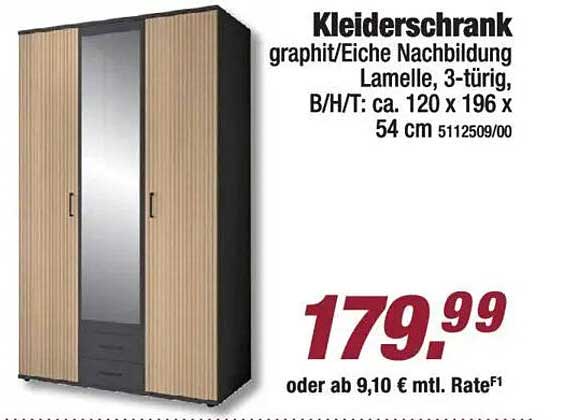 Kleiderschrank graphit/Eiche Nachbildung Lamelle, 3-türig, B/H/T: ca. 120 x 196 x 54 cm 5112509/00