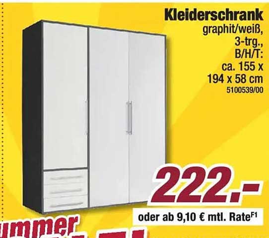 Kleiderschrank graphit/weiß, 3-trg., B/H/T: ca. 155 x 194 x 58 cm