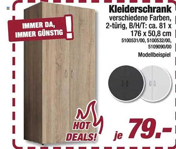 Kleiderschrank verschiedene Farben, 2-türig, B/H/T: ca. 81 x 176 x 50,8 cm