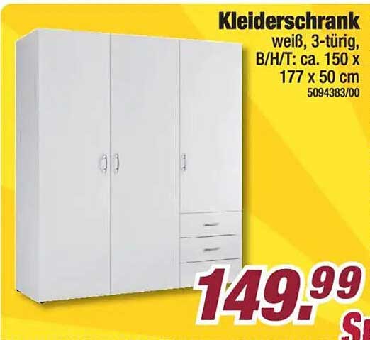 Kleiderschrank weiß, 3-türig, B/H/T: ca. 150 x 177 x 50 cm