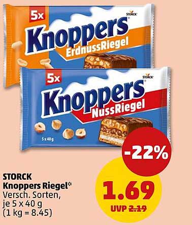 Knoppers Riegel* Versch. Sorten, je 5 x 40 g (1 kg = 8.45)