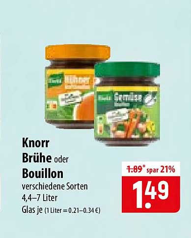 Knorr Brühe oder Bouillon verschiedene Sorten 4,4–7 Liter Glas je (1 Liter = 0.21–0.34 €)