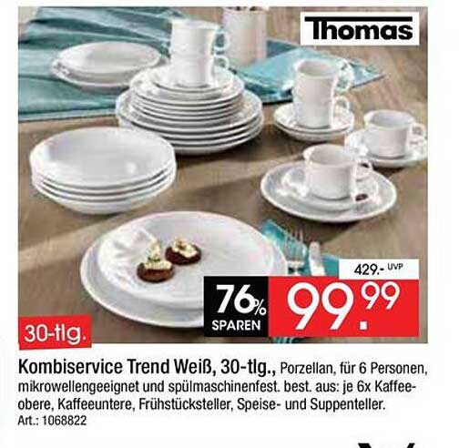 Kombiservice Trend Weiß, 30-tlg., Porzellan, für 6 Personen, mikrowellengeeignet und spülmaschinenfest. best. aus: je 6x Kaffee- ob er, Kaffeeuntere, Frühstücksteller, Speise- und Suppenteller.