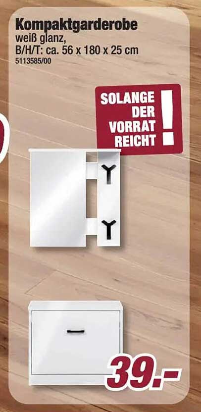 Kompaktgarderobe weiß glanz, B/H/T: ca. 56 x 180 x 25 cm