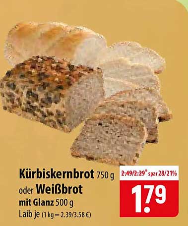 Kürbiskernbrot 750 g oder Weißbrot mit Glanz 500 g