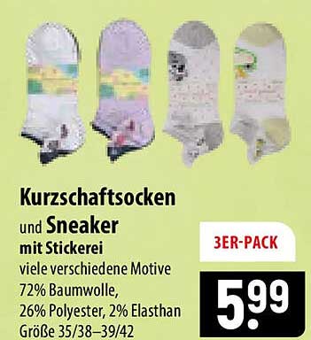 Kurzschaftsocken und Sneaker mit Stickerei viele verschiedene Motive 72% Baumwolle, 26% Polyester, 2% Elasthan Größe 35/38-39/42