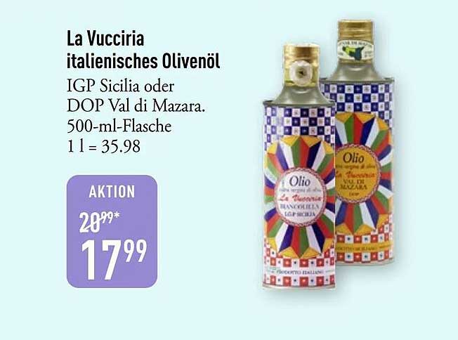 La Vucciria italienisches Olivenöl IGP Sicilia oder DOP Val di Mazara. 500-ml-Flasche 1 l = 35.98