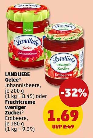 LANDLIEBE Gelee* Johannisbeere, je 200 g (1 kg = 8.45) oder Fruchtcreme weniger Zucker* Erdbeere, je 180 g (1 kg = 9.39)