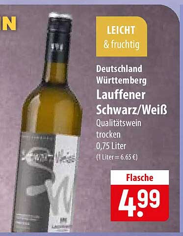 LEICHT & fruchtig Deutschland Württemberg Lauffener Schwarz/Weiß Qualitätswein trocken 0,75 Liter (1 Liter = 6,65 €) Flasche