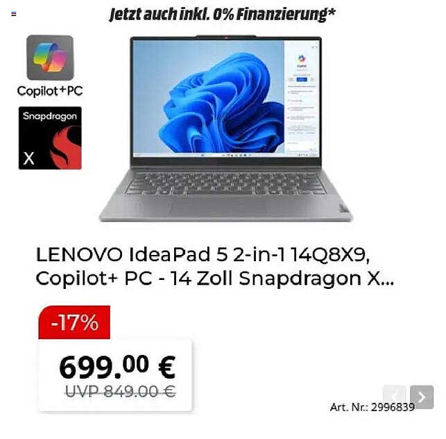 LENOVO IdeaPad 5 2-in-1 14Q8X9, Copilot+ PC - 14 Zoll Snapdragon X...